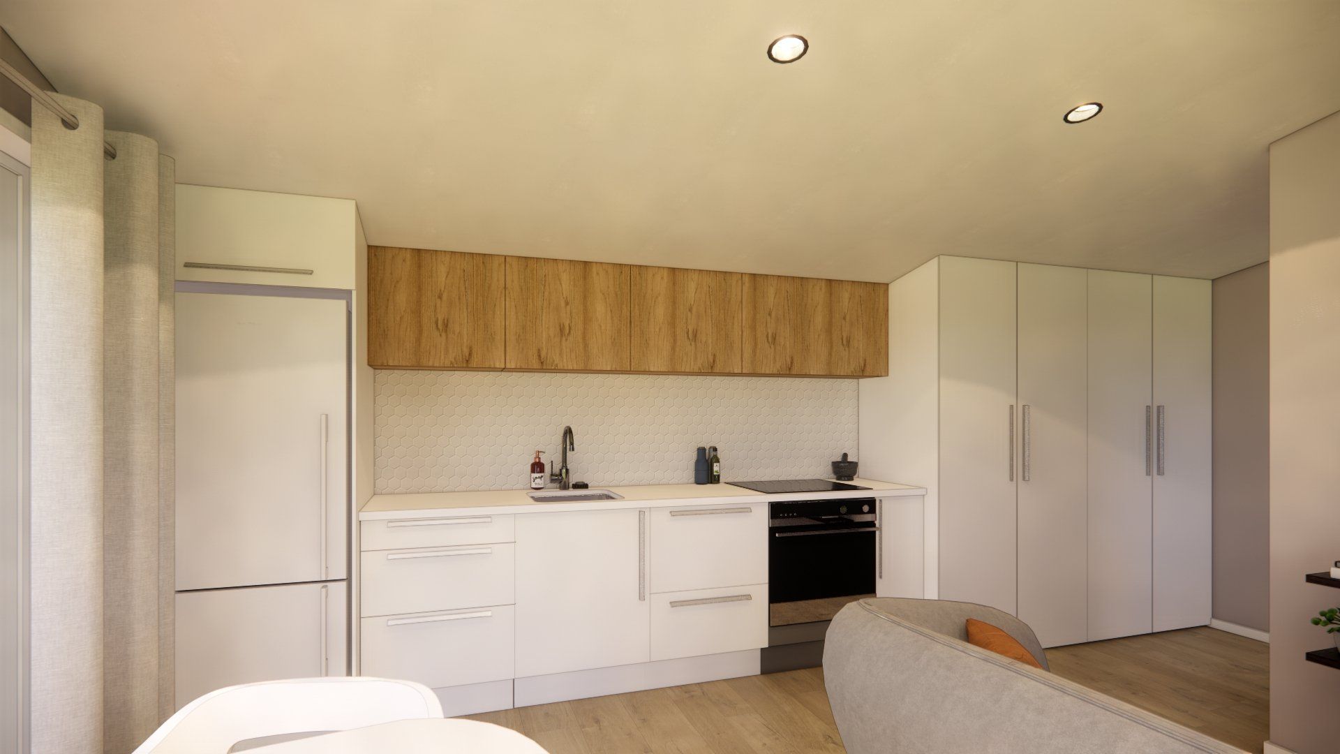 An artist 's impression of a kitchen with white cabinets and wooden cabinets.