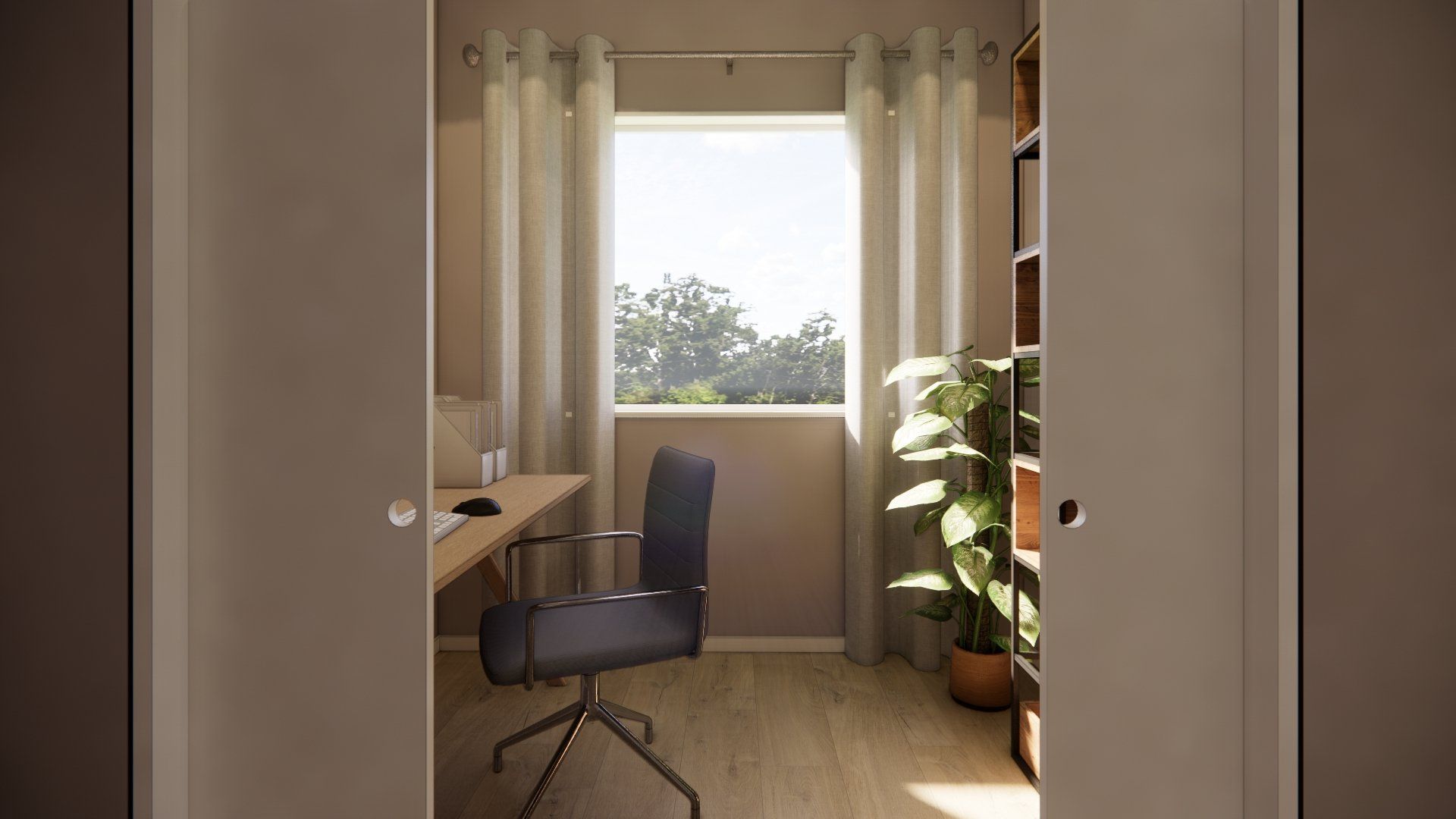 An artist 's impression of a home office with a desk and chair.