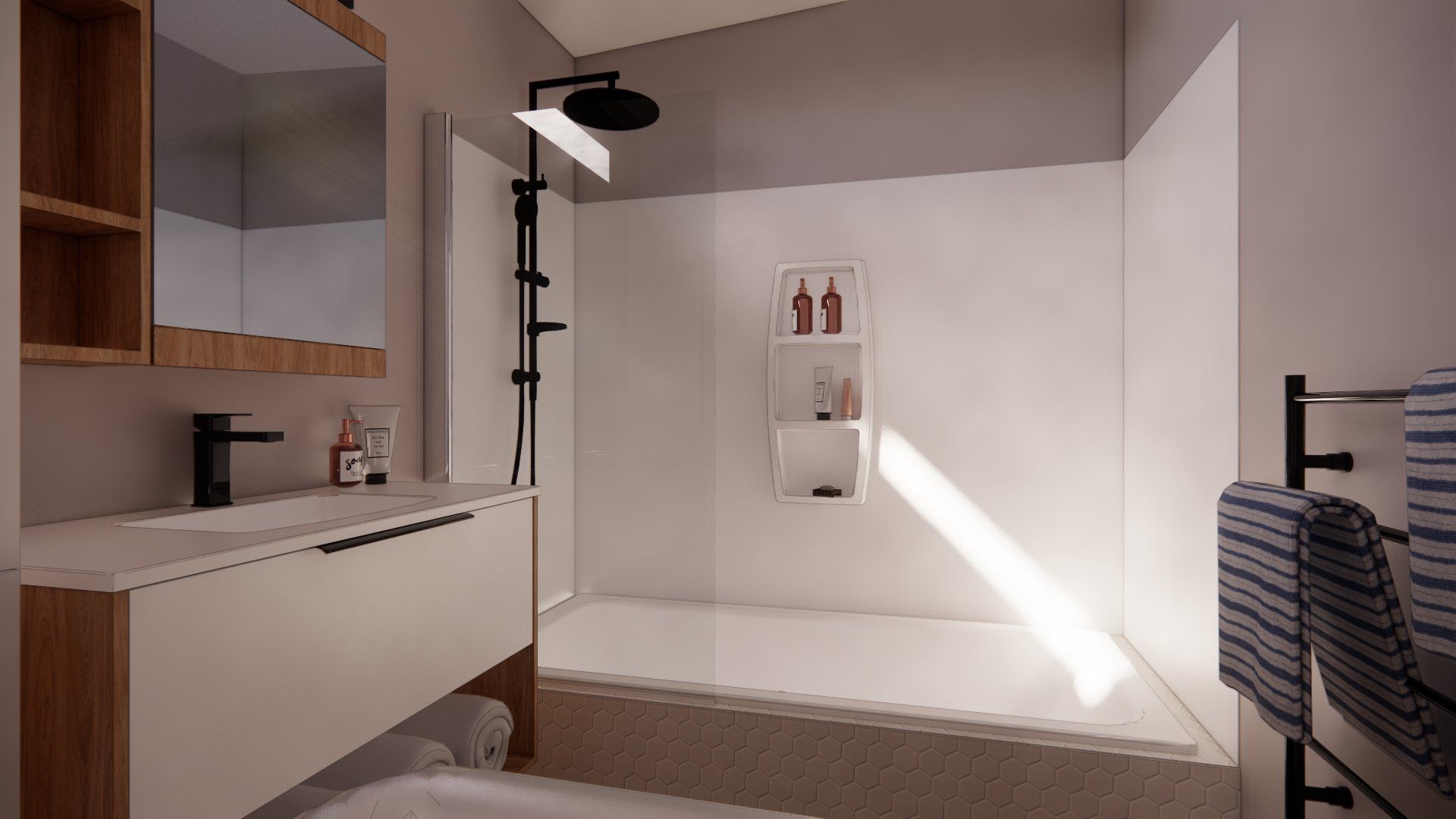 A bathroom with a sink , mirror and shower.