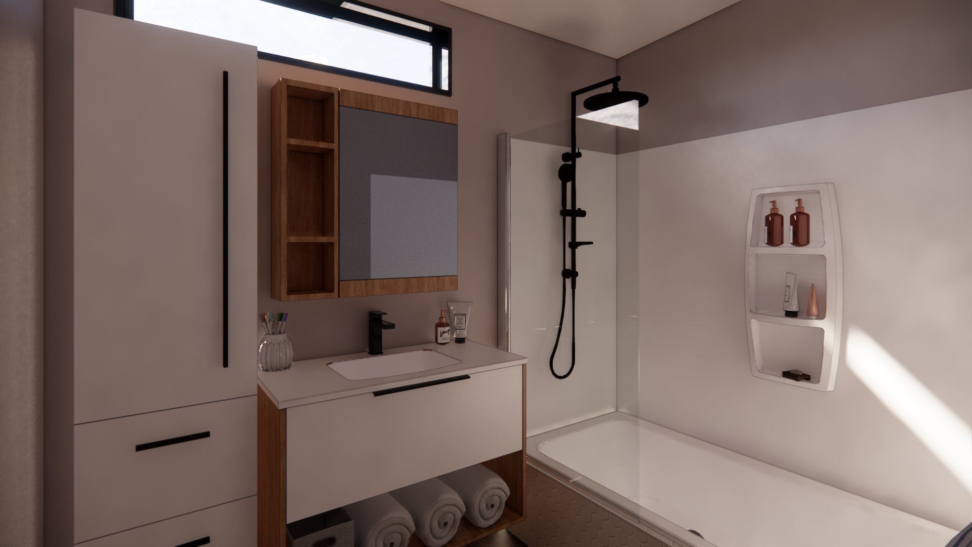 A bathroom with a sink , tub , mirror and shower.