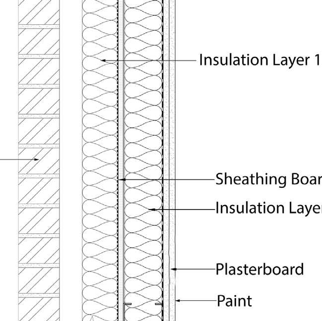 A black and white drawing of a wall showing the layers of insulation.