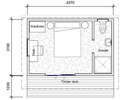A black and white floor plan of a bedroom with a timber deck.