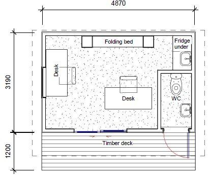 A floor plan of a room with a desk and a folding bed.