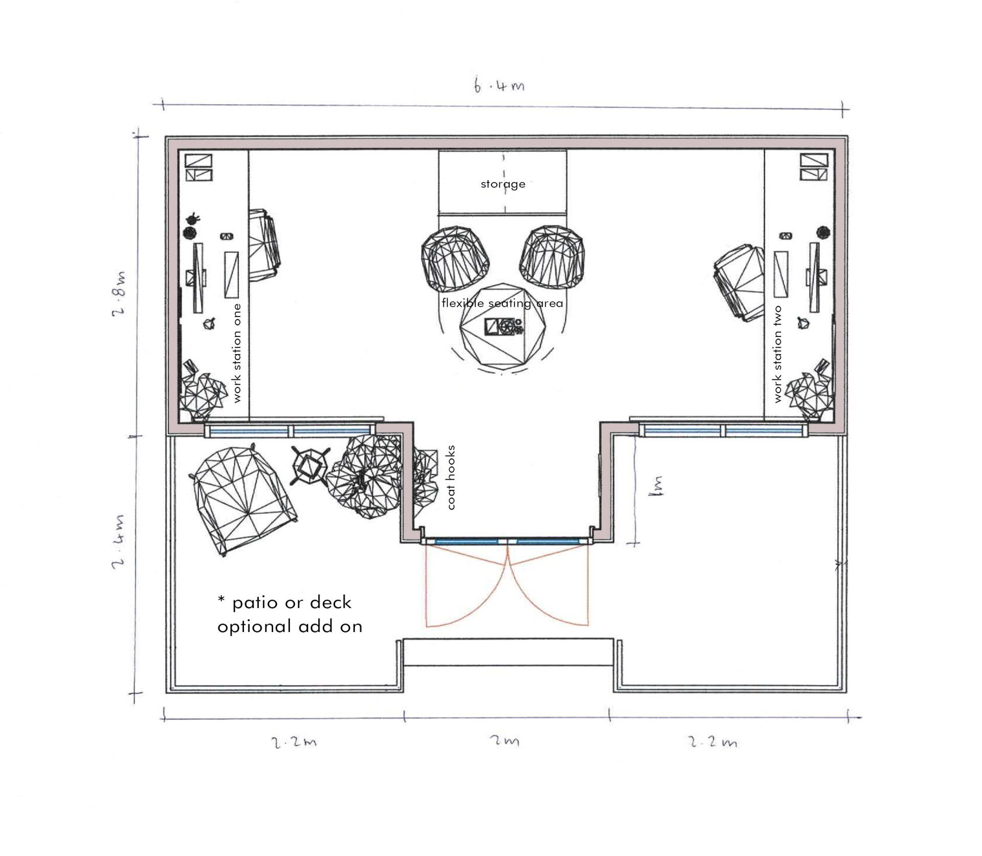A floor plan of a room with a table and chairs.