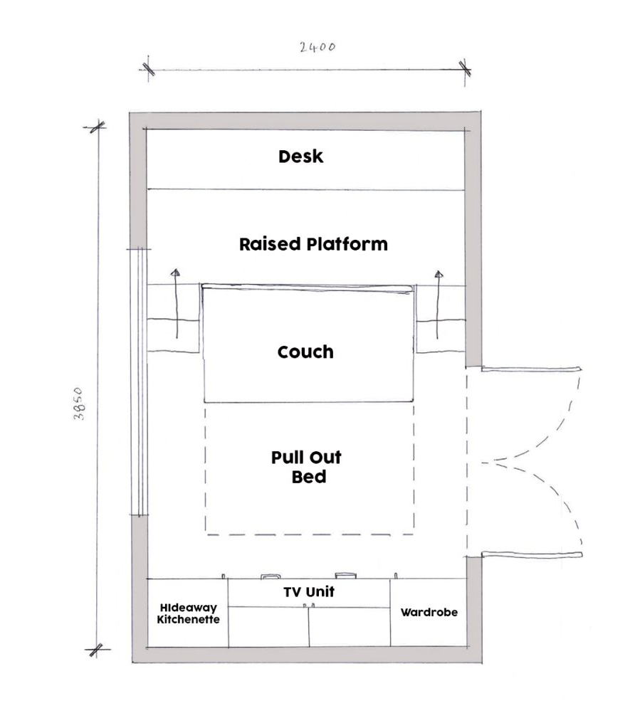 A floor plan of a room with a couch and a desk.
