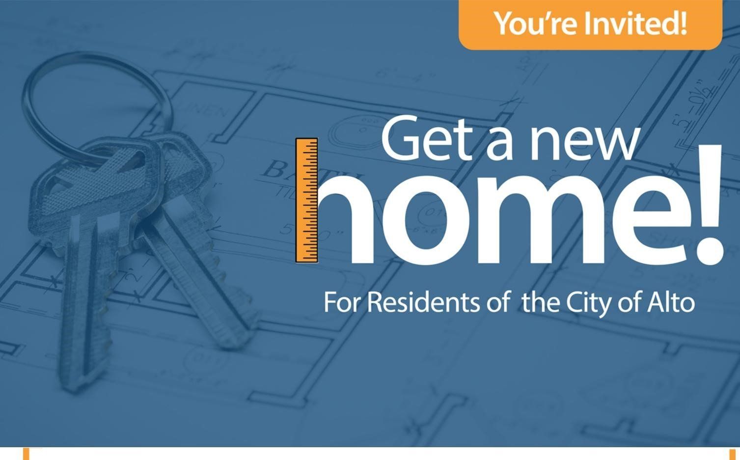 A blue sign that says get a new home for residents of the city of alto