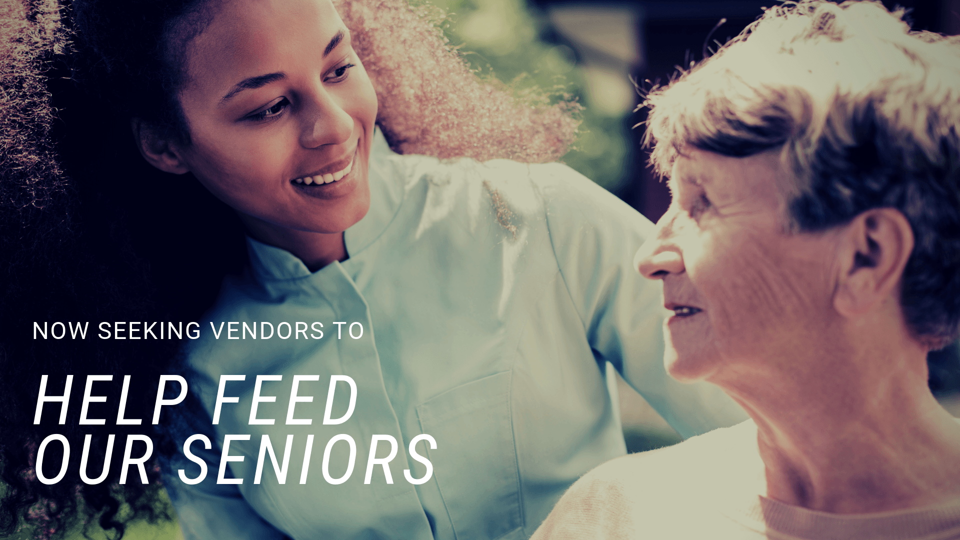 A woman is hugging an older woman with the words help feed our seniors below them