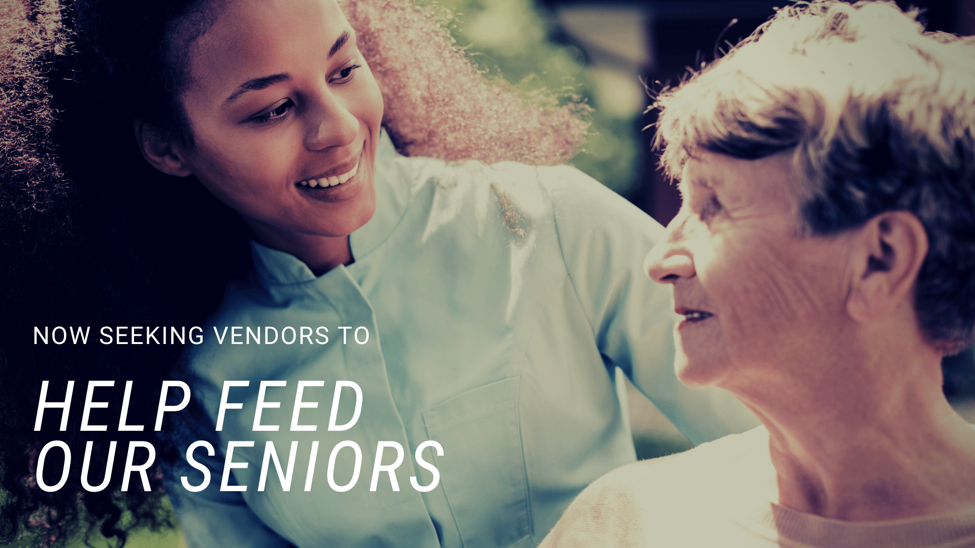 A woman is hugging an older woman with the words help feed our seniors