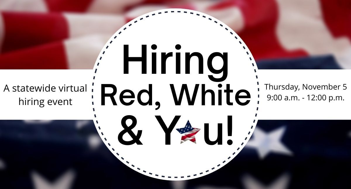 A hiring red white and you advertisement with an american flag in the background