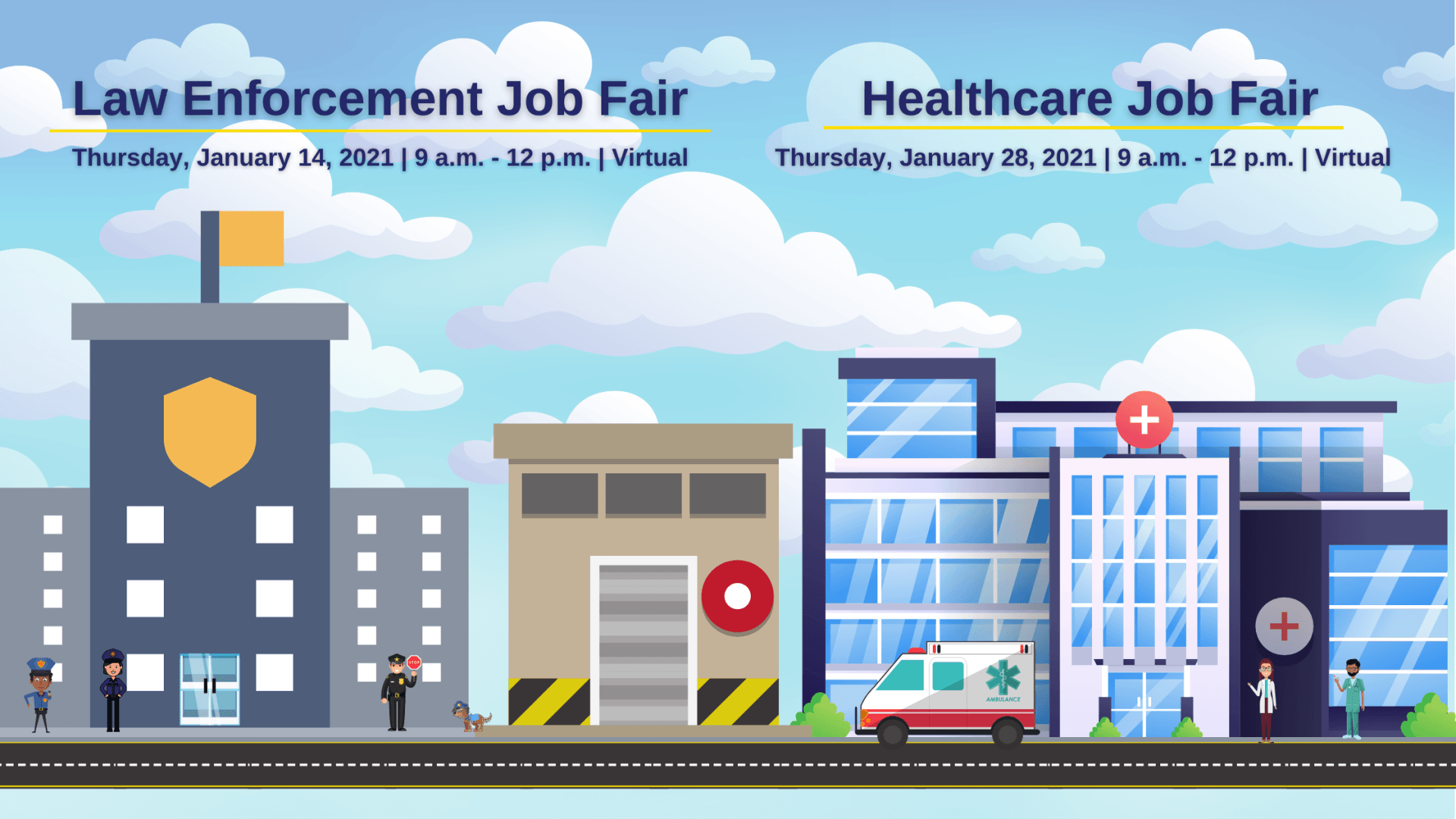 A poster for a law enforcement job fair and a healthcare job fair.