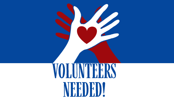 A blue and white sign that says volunteers needed
