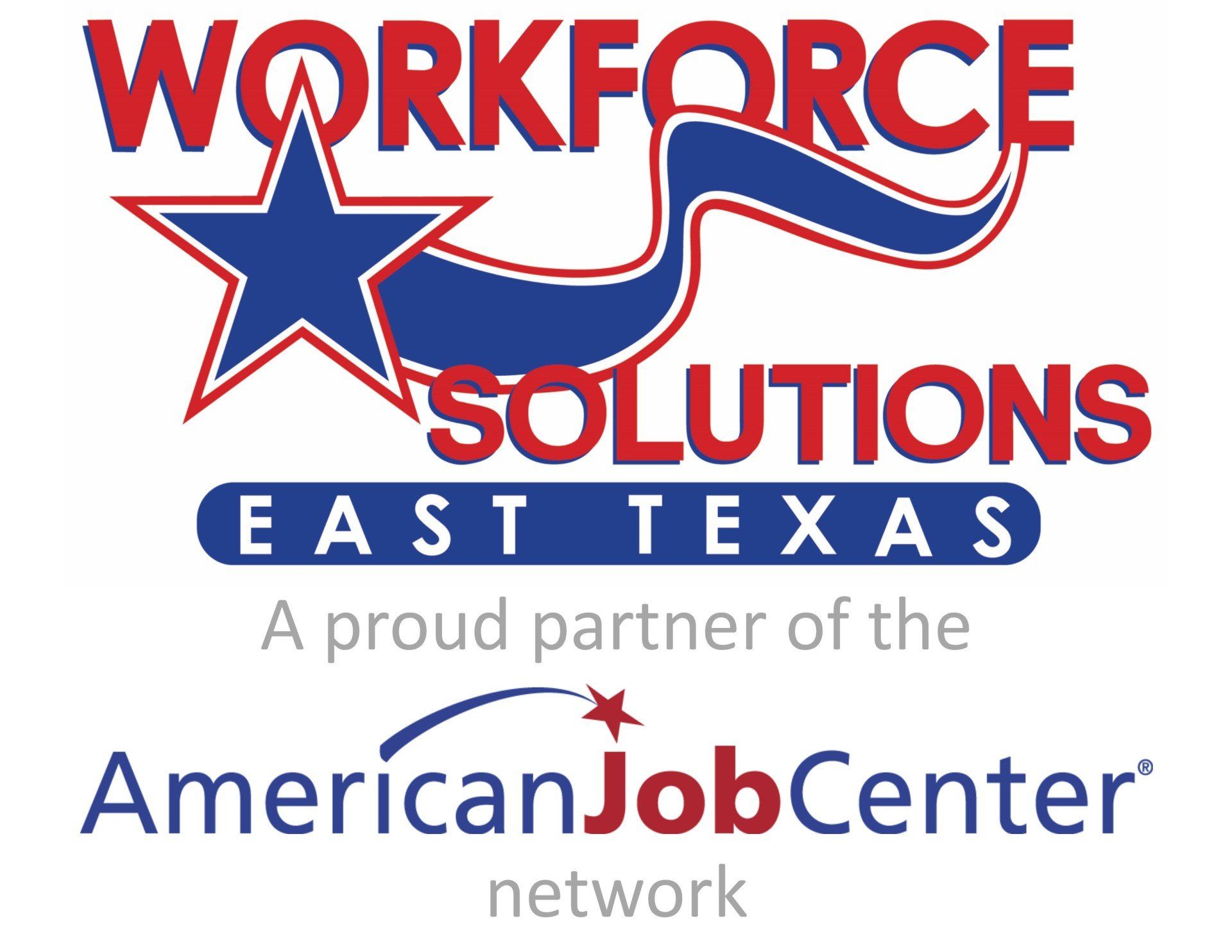 The logo for workforce solutions east texas is a proud partner of the american job center network.