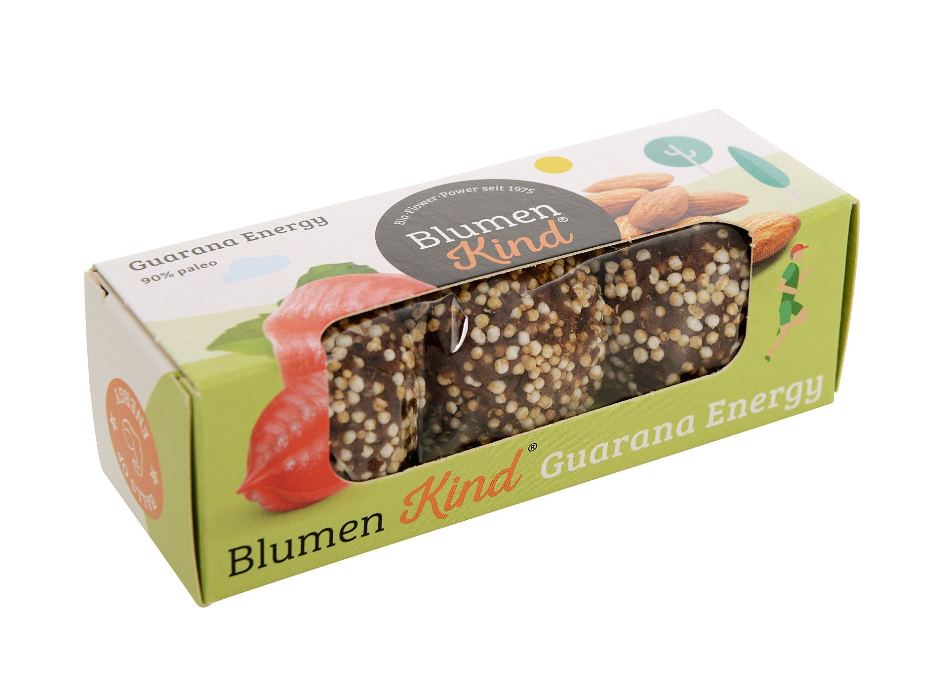 Blumen Kind Guarana Energieriegel in einer grün-weißen Schachtel mit sichtbaren schokoladenüberzogenen Riegeln