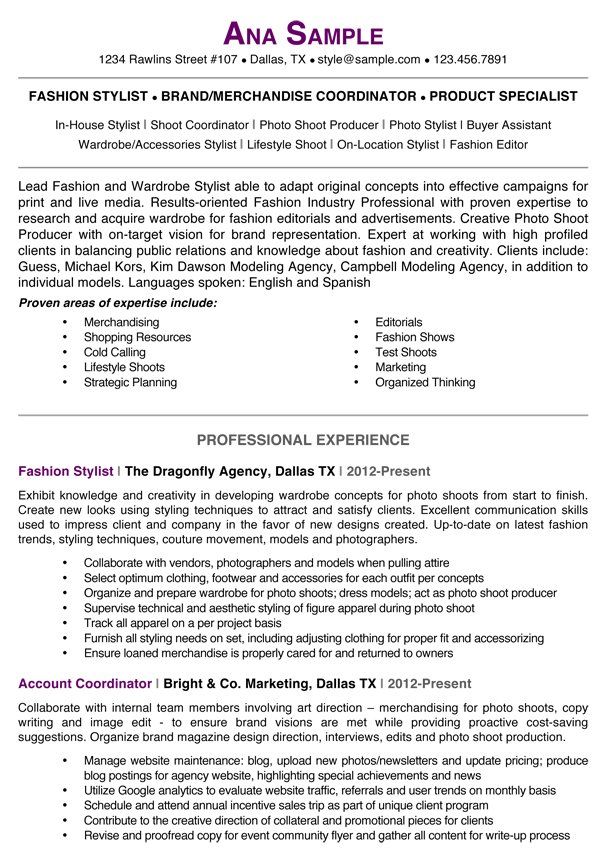 It is a resume for a fashion stylist.