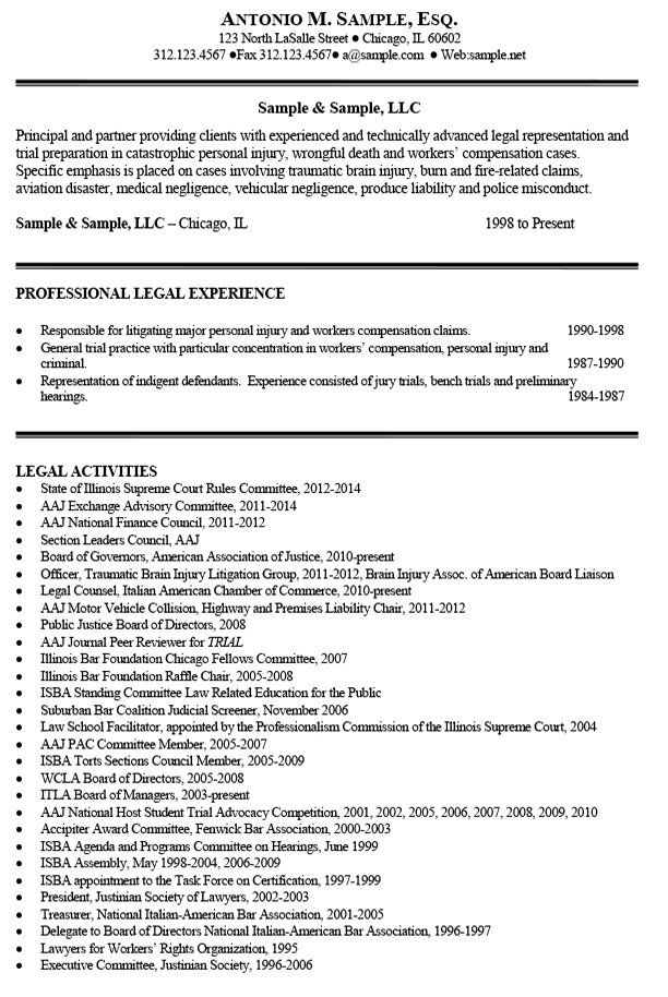 A resume for a lawyer with a lot of information on it.