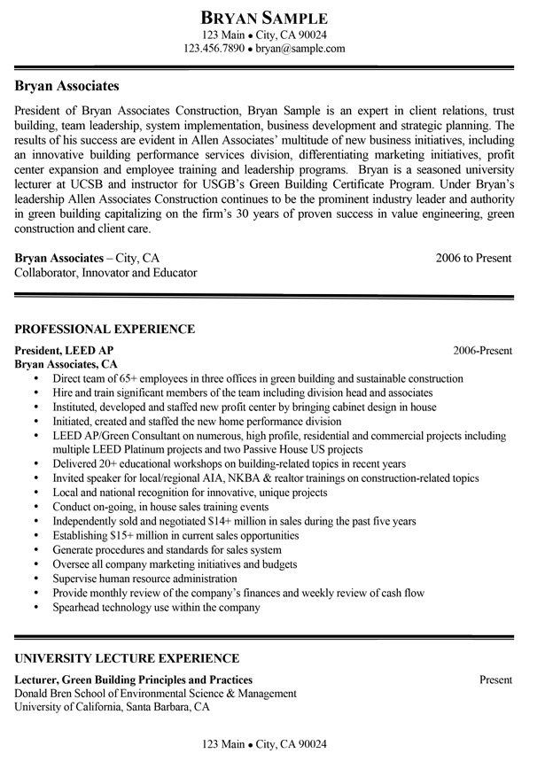 A resume for a construction contractor is shown.
