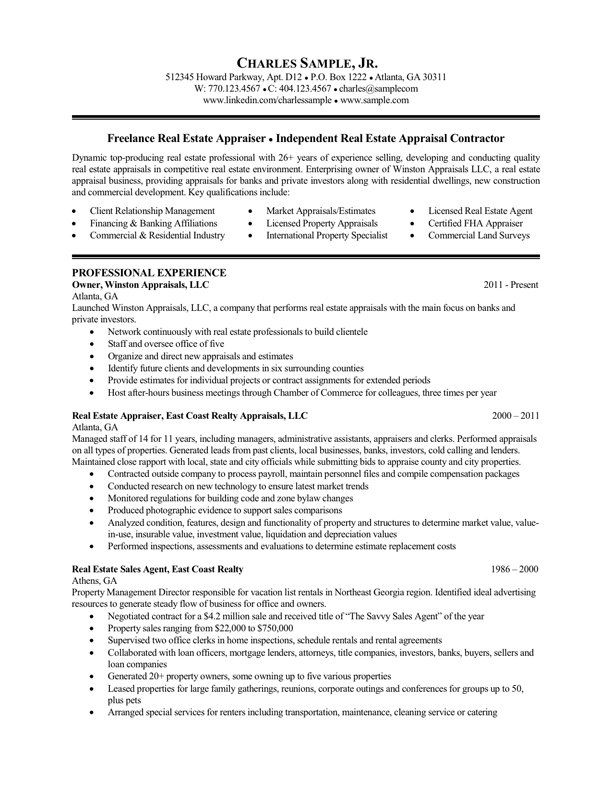A resume for a real estate appraiser is shown on a white background.