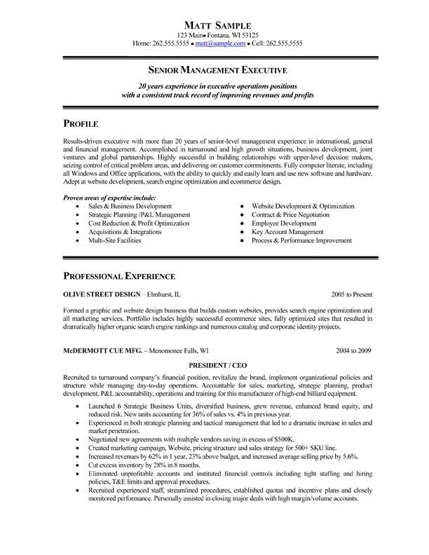A resume for a senior management executive is shown on a white background.