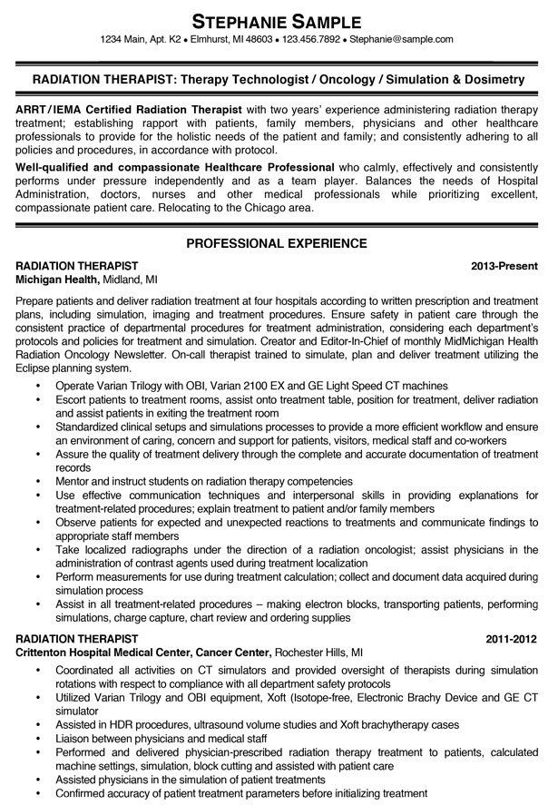 A resume for a radiation therapist is shown.