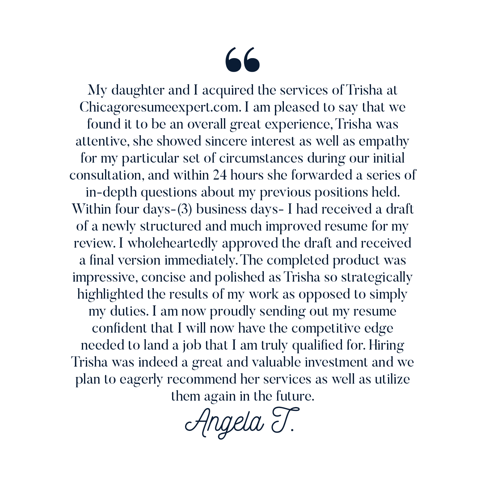 A quote from angela t. is on a white background.