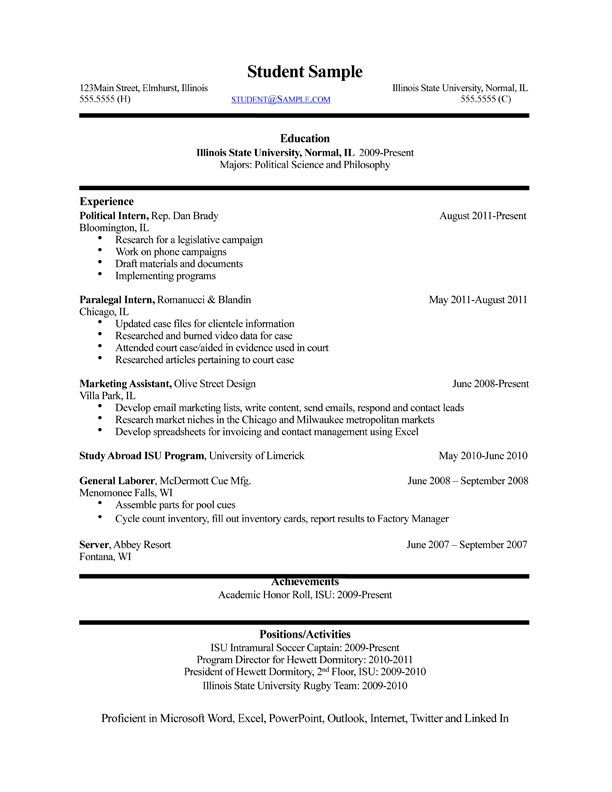 A resume for a student is shown on a white background.