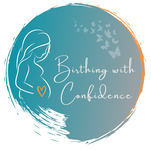 A logo for birthing with confidence with a pregnant woman and butterflies.