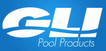 A blue and white logo for gl pool products