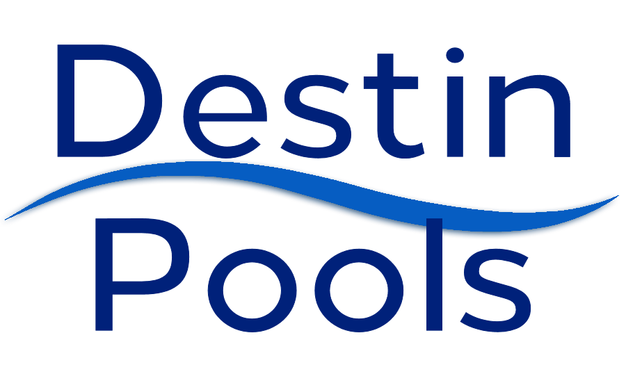 The logo for destin pools is blue and white with a blue wave.