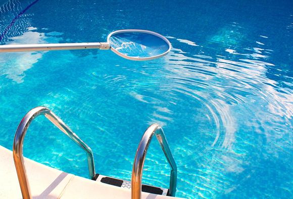 A pool with a ladder and a net in it