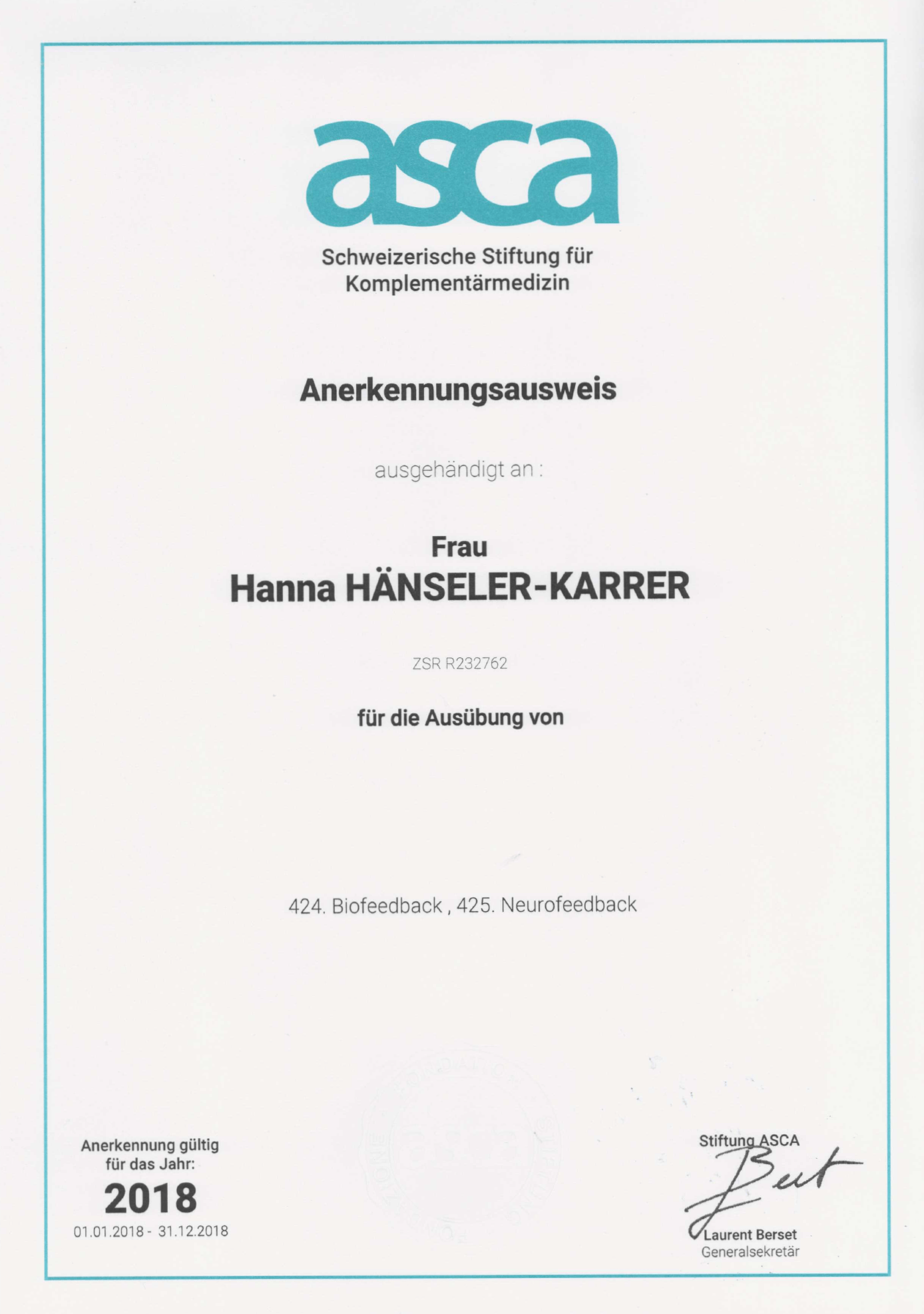 A certificate that says anna hanseler-karrier on it.