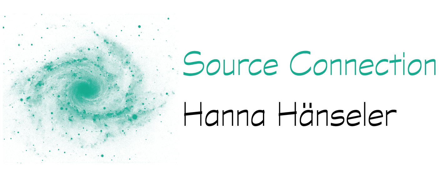 A logo for source connection hanna honseler with a galaxy in the background