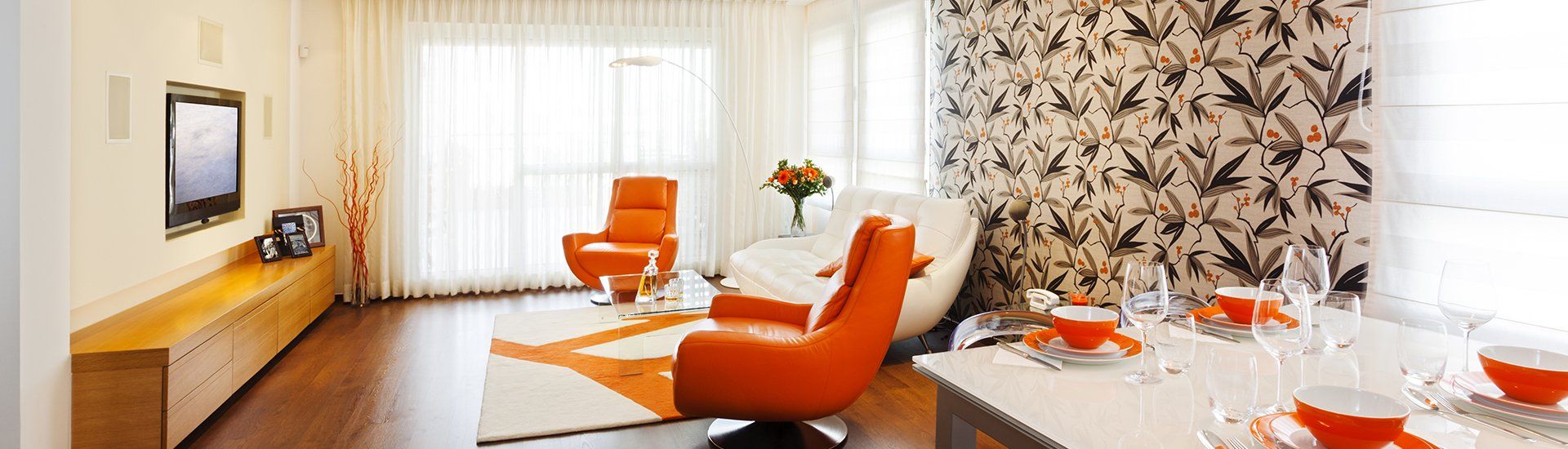 orange and white themed living room