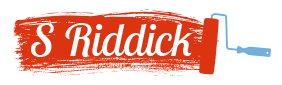 a red s riddick logo with a blue paint roller