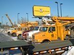 A row of yellow trucks are parked in a parking lot.