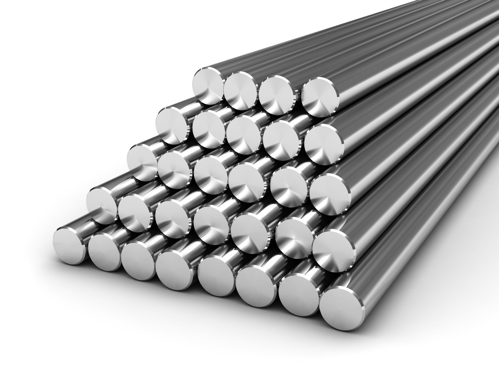 A pyramid of stainless steel bars on a white background