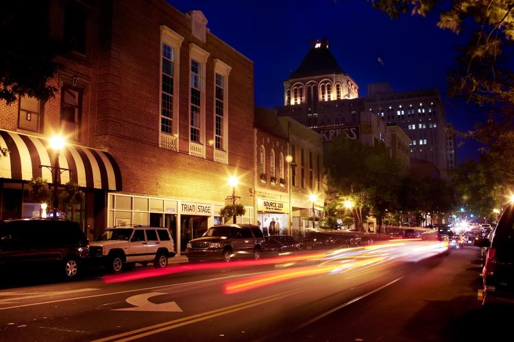 Downtown Greensboro, NC at night