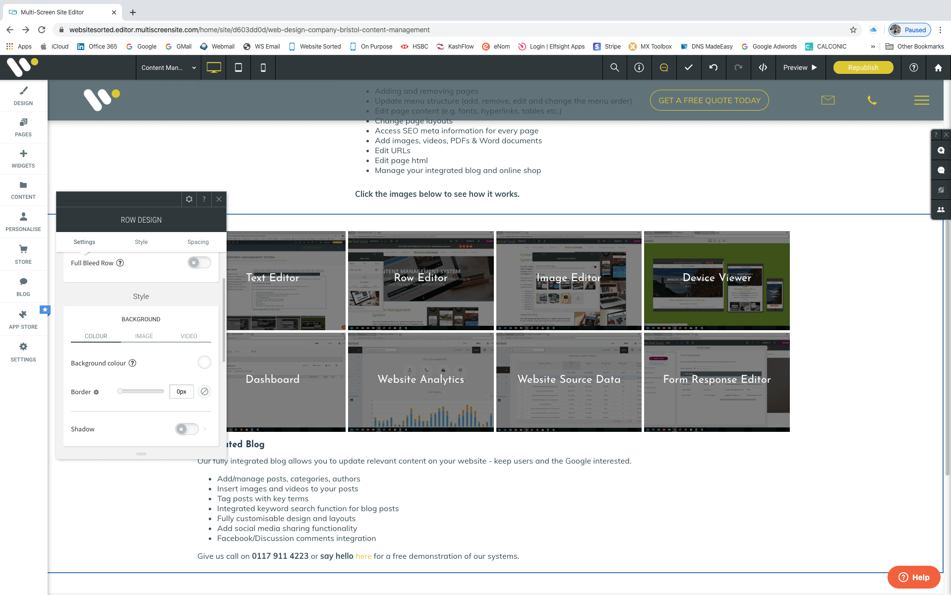 Website Content Management Row Editor