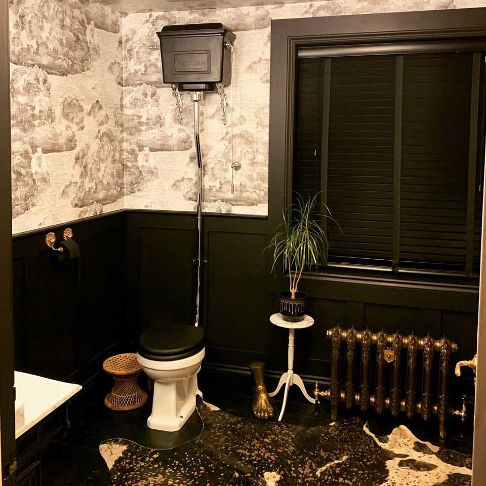 ornate bathroom with old fashioned toilet
