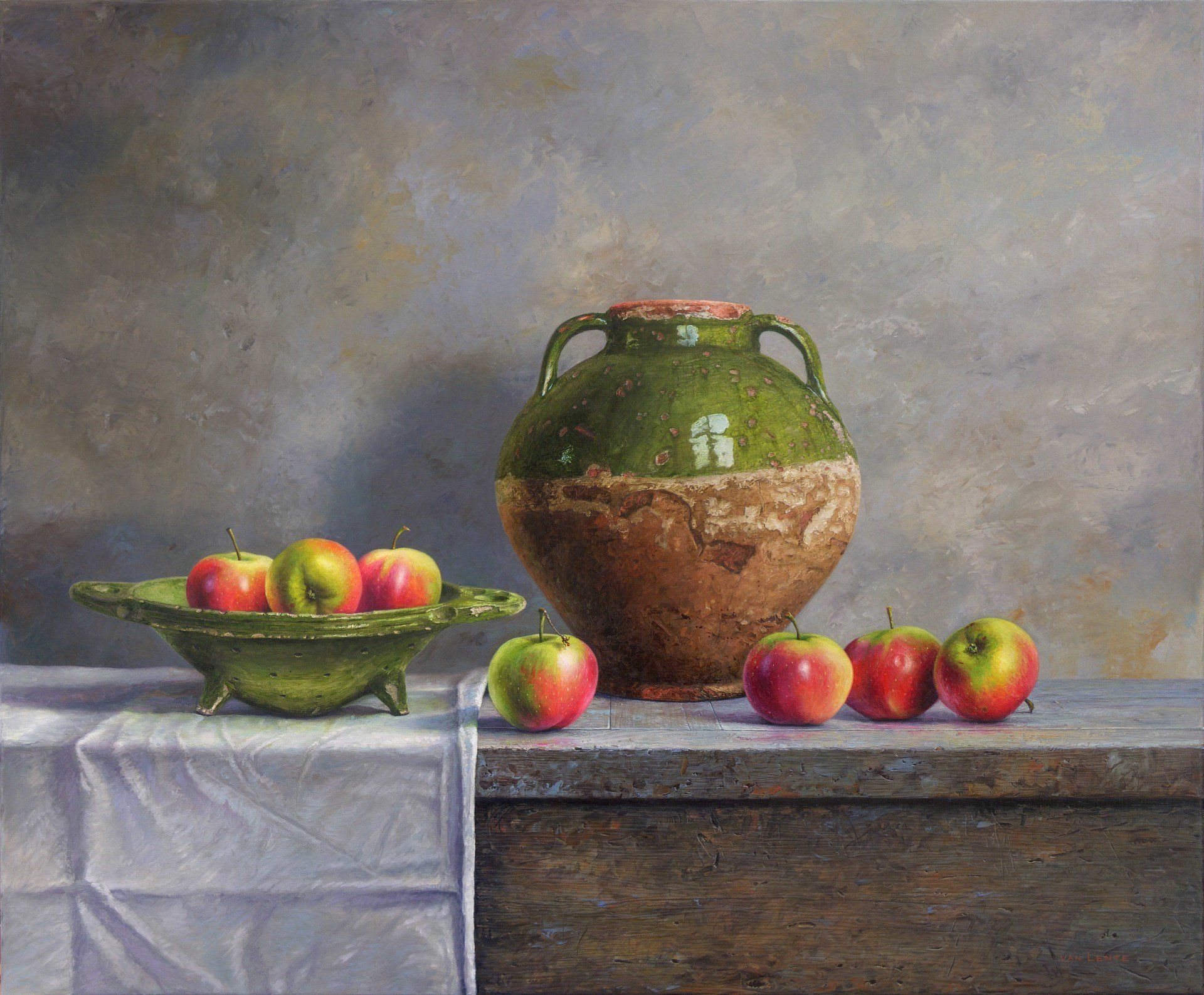 Gerrit van Lente stilleven olieverf groen vergiet met appels