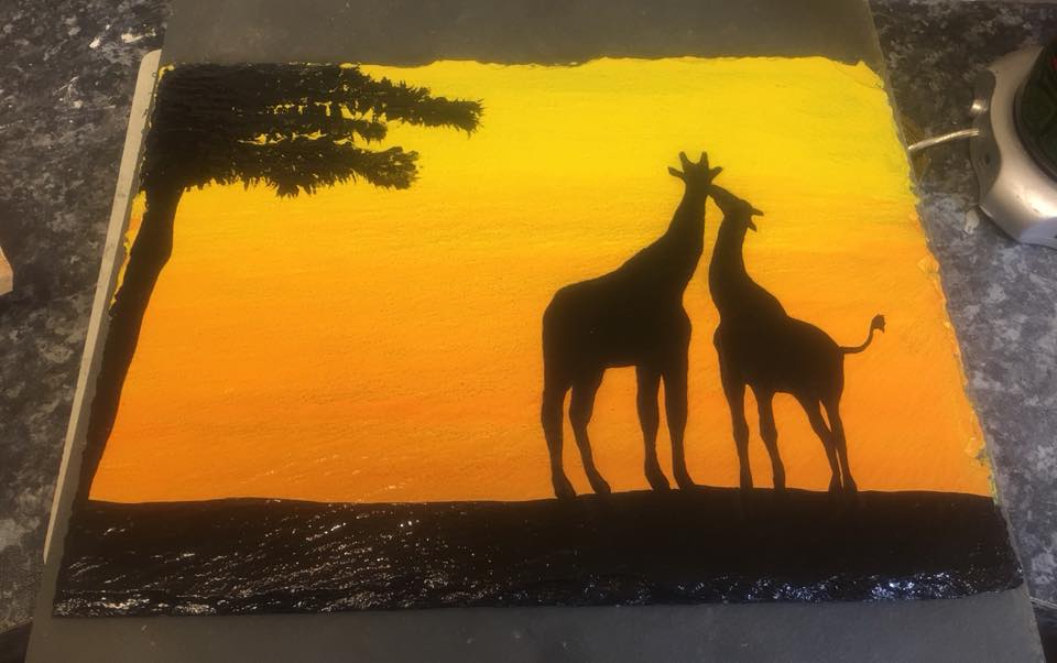 Slate Painting Giraffe Sunset Silhouette Slate of the Art