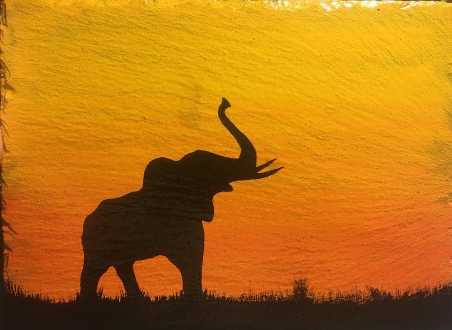 Slate Painting Elephant Sunset Silhouette Slate of the Art