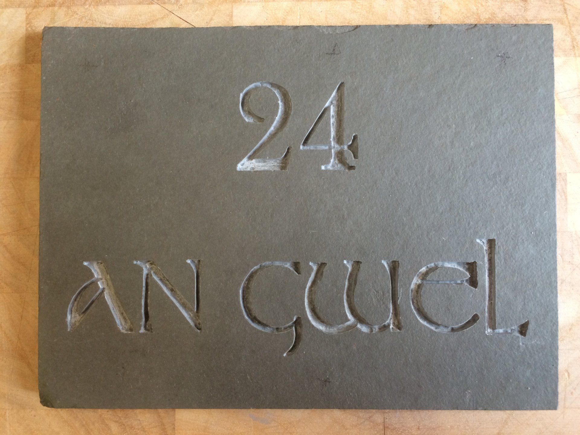 24 An Gwel House sign in slate, un painted using Celtic font
House Signs by Slate of the Art
Hand Engraved House Signs
Made in Porthleven
Hand Made in Cornwall
Hand Made House Signs