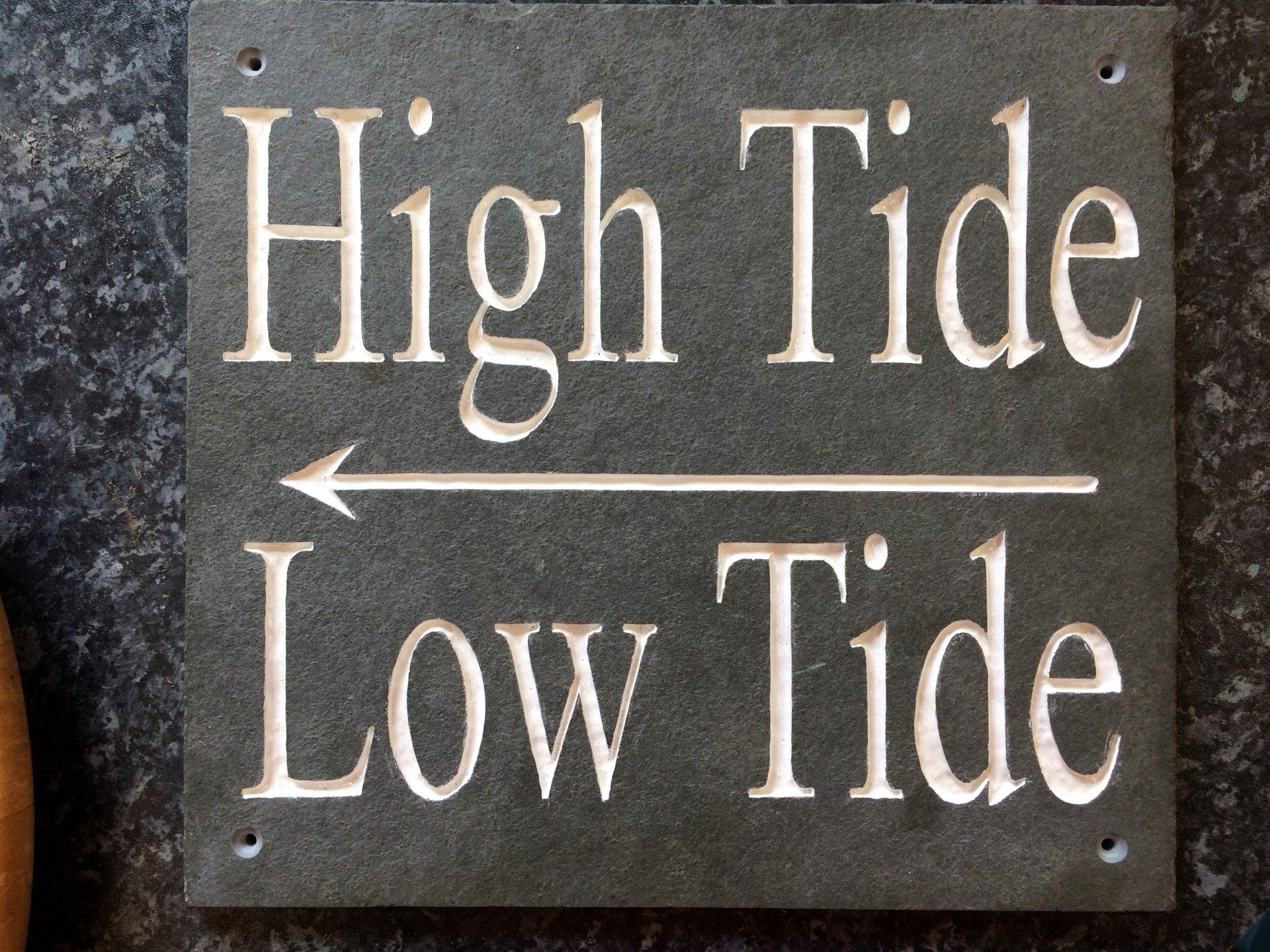 High Tide and Low Tide house sign in slate, white gloss enamel paint using Times New Roman font
House Signs by Slate of the Art
Hand Engraved House Signs
Made in Porthleven
Hand Made in Cornwall
Hand Made House Signs
