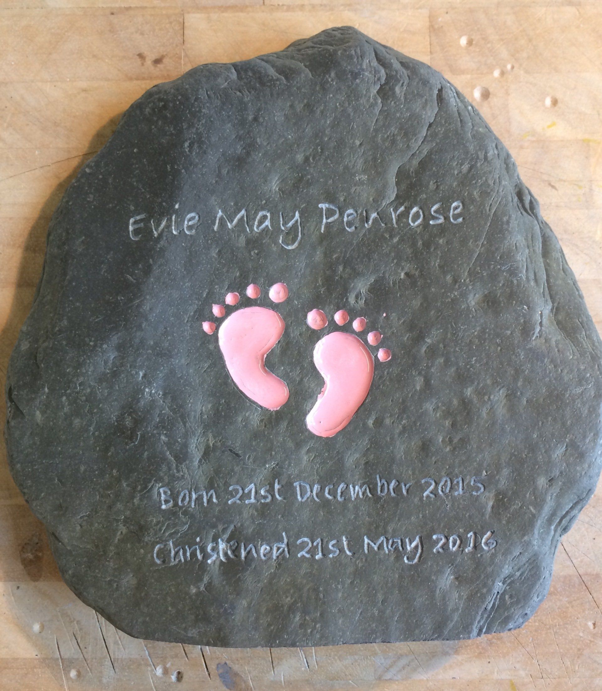 Christening gift hand engraved and painted showing child's names, date of birth and 2 baby feet. 