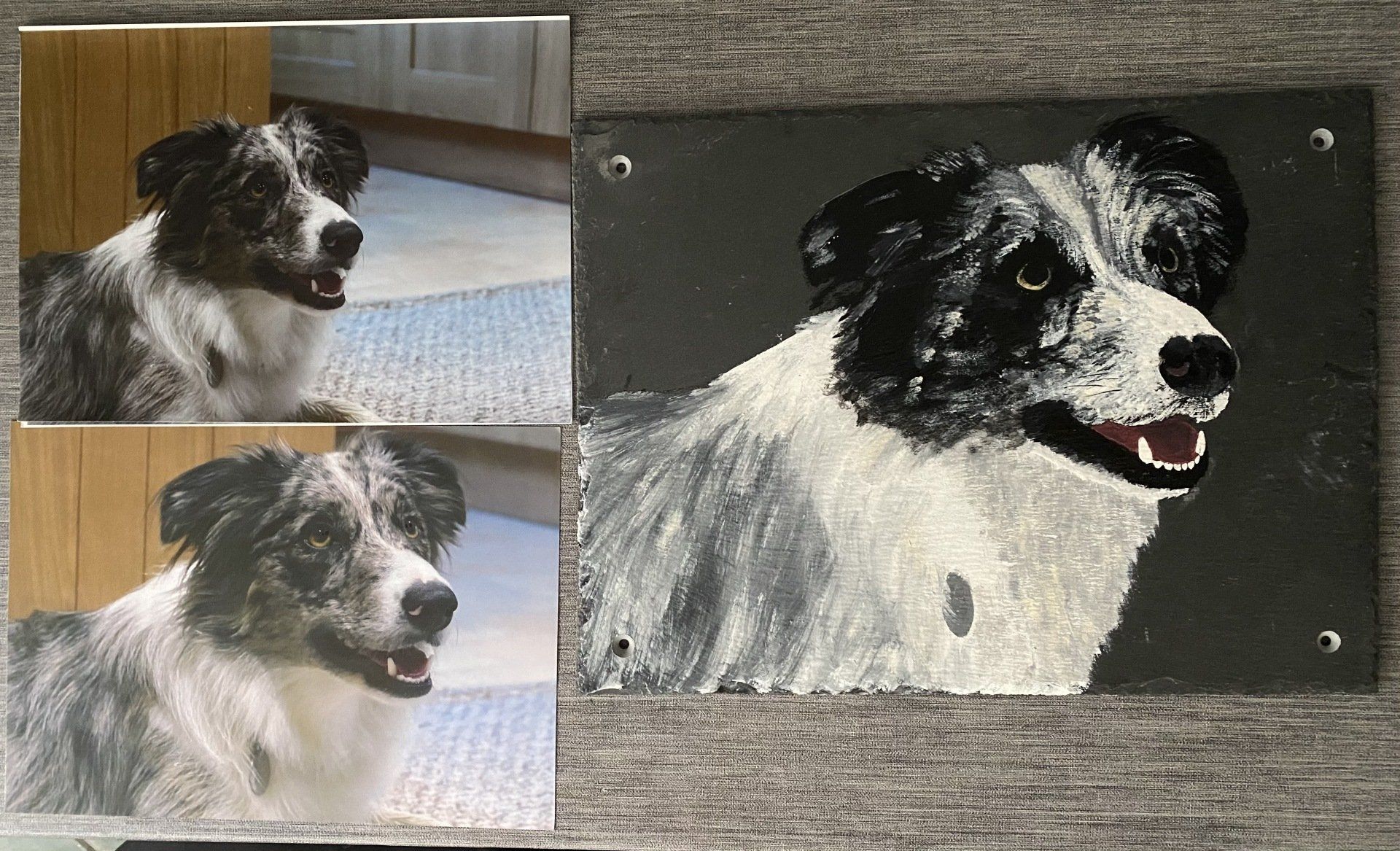 Collie on slate, hand painted.