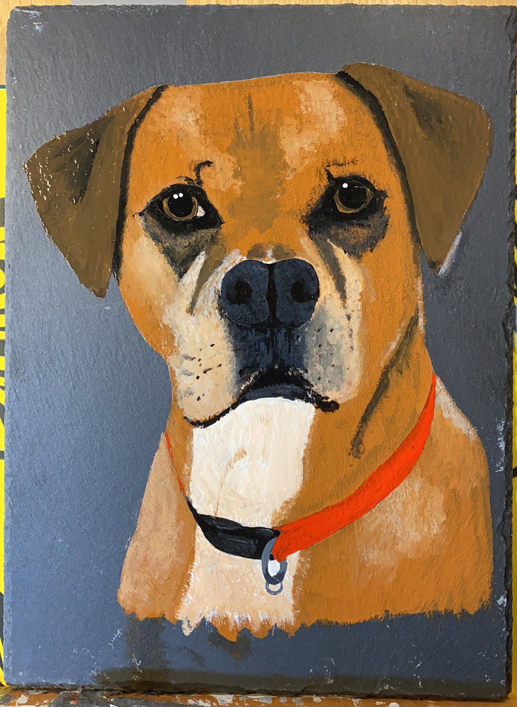 Dog portrait on slate, hand painted in Porthleven, Cornwall by Nick Dow who is Slate of the Art.