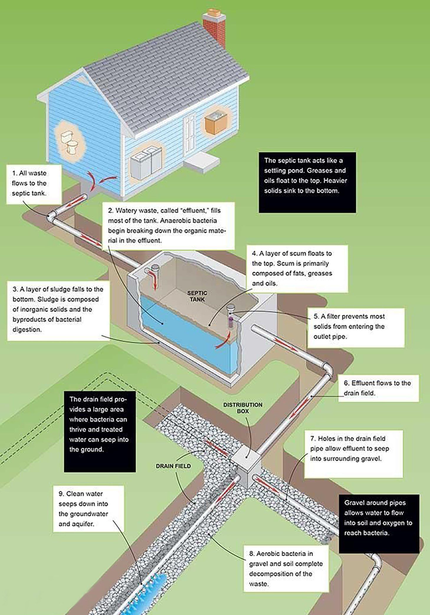 An isometric diagram of a house with a septic system