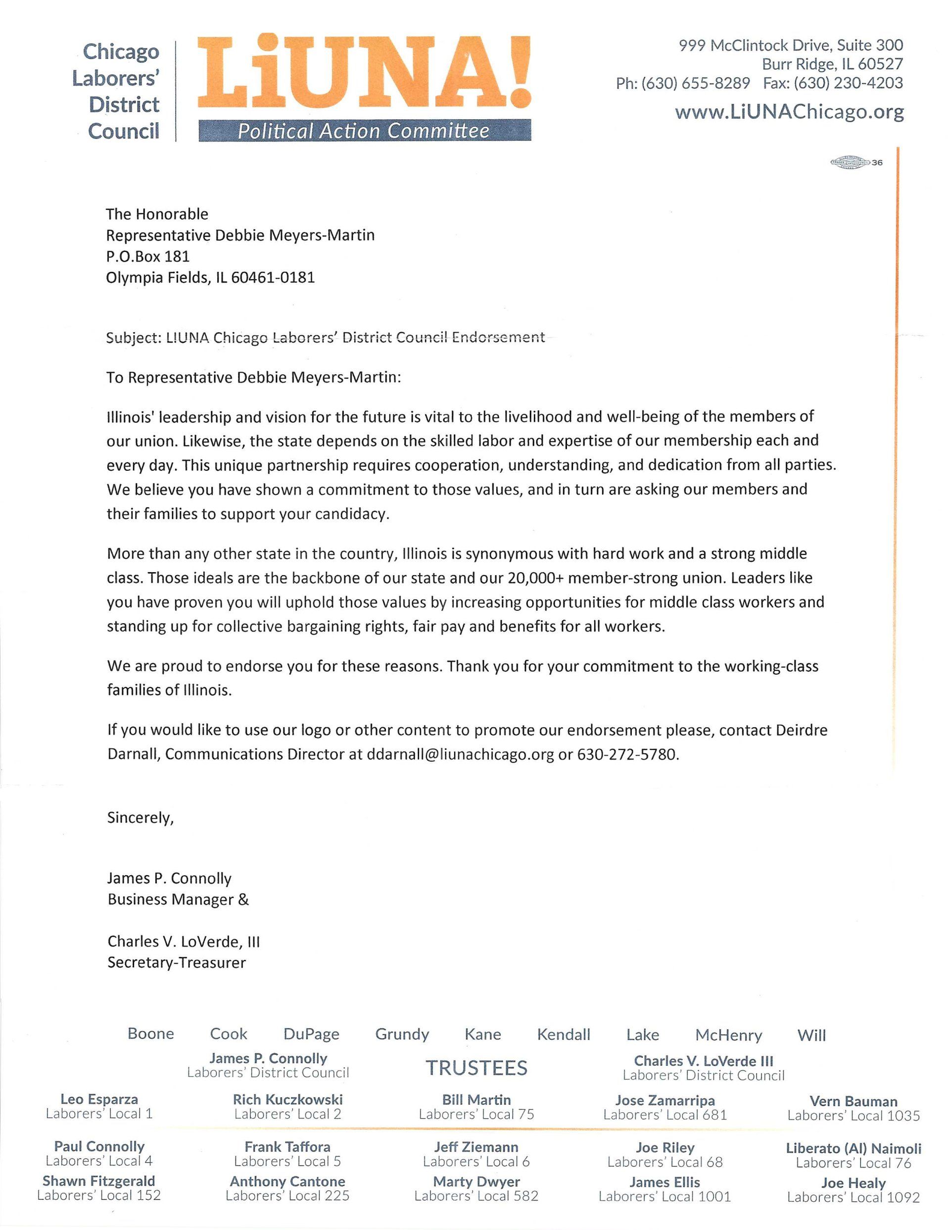 Letter on LiUNA! letterhead with dense black text and signature area at the bottom.