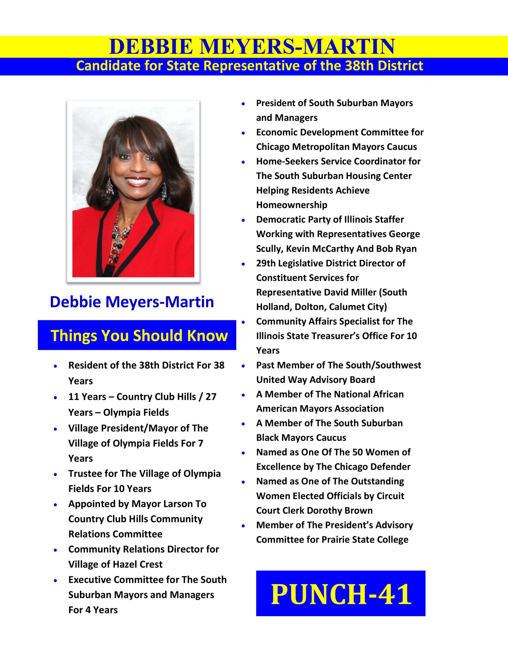 Debbie Myers-Martin campaign flyer with portrait, “Things You Should Know,” and ballot label PUNCH-41
