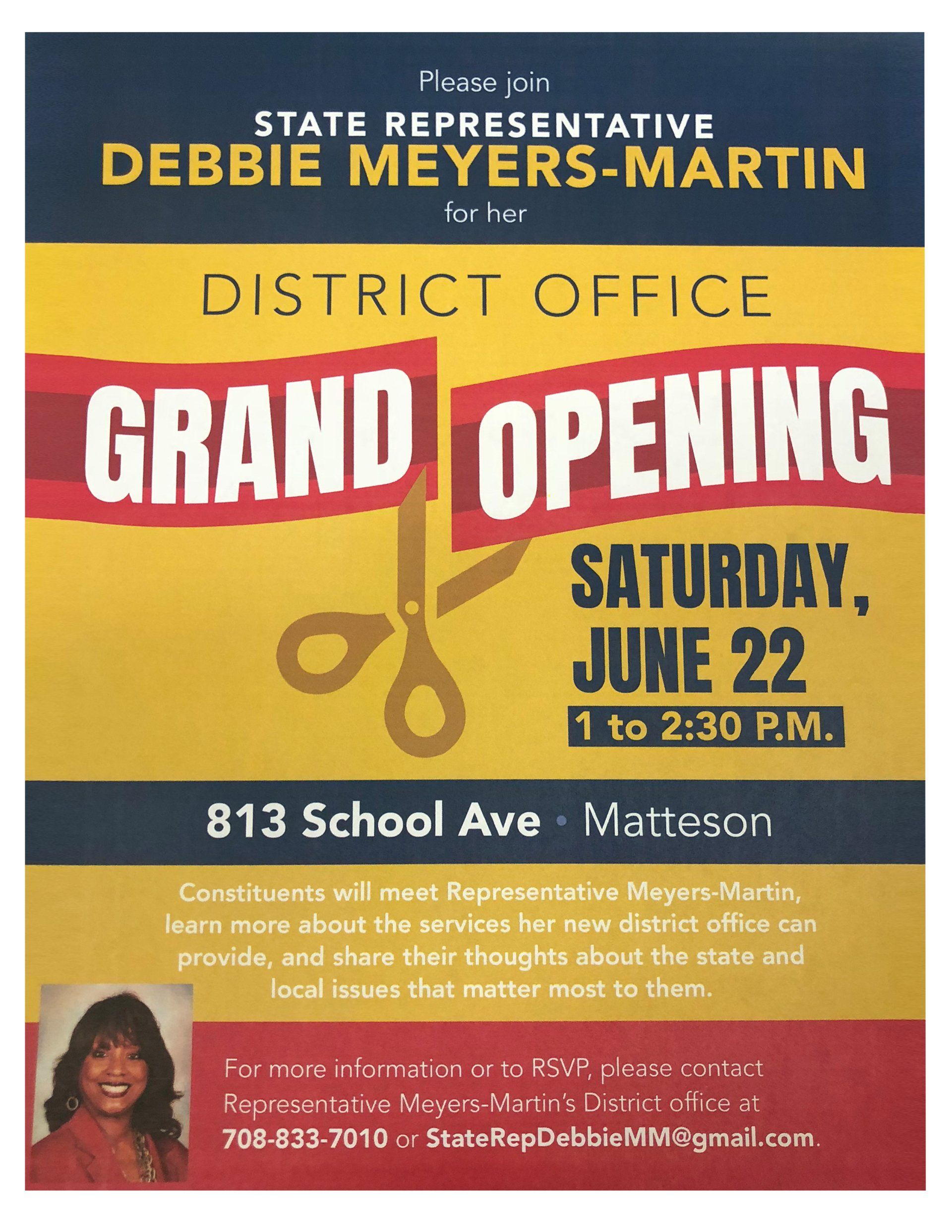 District office grand opening flyer for State Representative Debbie Meyers-Martin, Saturday June 22 in Matteson.